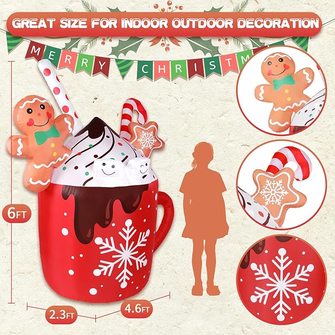 Gingerbread Inflatable Christmas Decorations Outdoor 6ft Cute Giant Blow Up Gingerbread Man Inflatables Hot Cocoa Mug Candy Yard Decor Led Light Xmas Blowups for Holiday Vacation Outside Lawn