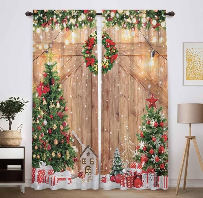 Christmas Wooden Barn Window Curtain Rustic Xmas Pine Tree Festival Holiday Print Curtains Home Decor Rod Pocket Darkening Drapes for Bedroom Living Room 82 in x 84 in
