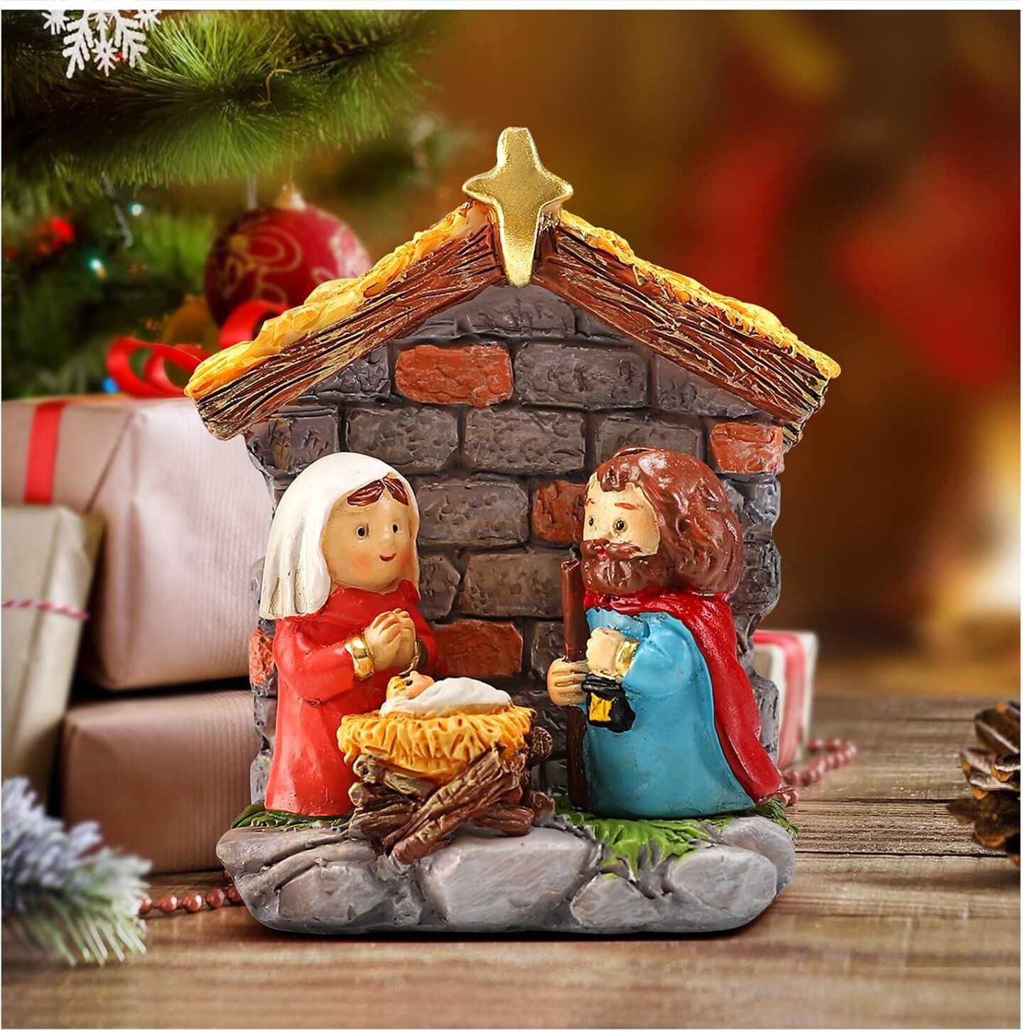 Christmas Nativity Scene Set - Holy Family Figurines with Baby Jesus Mary Joseph in Manger, Resin Little Nativity Sets and Figures for Tabletop Holiday Decorations, 4&#x22; H