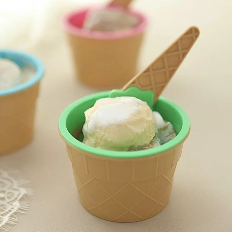 6 Assorted Reusable Plastic Dessert Cups Ice Cream Bowls Spoons Set Party Events