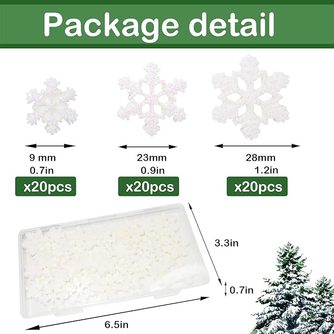 60 Pcs White Glitter Plastic Mini Snowflake for Christmas Embellishments and Winter Party DIY Craft Decoration-3 Different Size