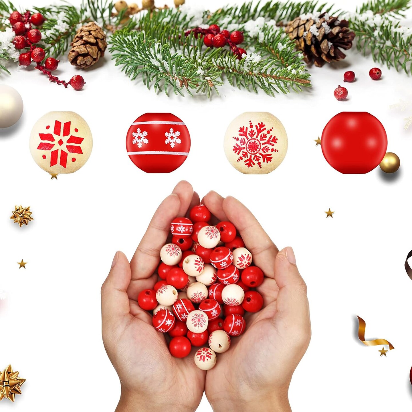 120 Pieces 0.6 Inch Wooden Bead Christmas Wood Beads Natural Wood Beads Craft Wood Round Beads with 65.6 Feet Twine for Xmas Valentine's Day Saint Patrick's Day Party Decor (Natural, Red)