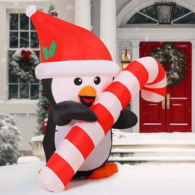 Outdoor Decorations Blow Up Yard Penguins Holding Candy Cane with Built-in LEDs for Xmas Holiday Party Indoor Garden Lawn Decor