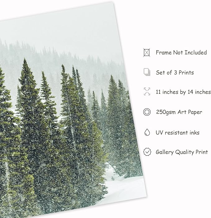 JarThenaAMCS Set of 3 Winter Trees Wall Art Prints Snow Covered Mountain Forest Art Poster Xmas Winter Nature Room Decor for Gallery Living Room Bedroom Wall, 11 x 14 Inch (No Frame)