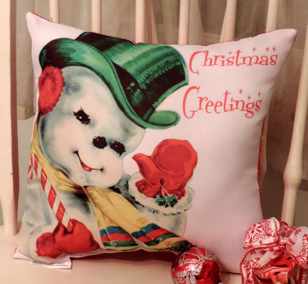 Handmade Inch Retro Vintage Kitsch Snowman Throw Pillow 