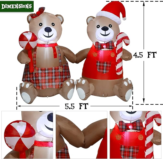 5.5FT 2024 Blowup Bear Couple Holding Candy Cane & Lollipop