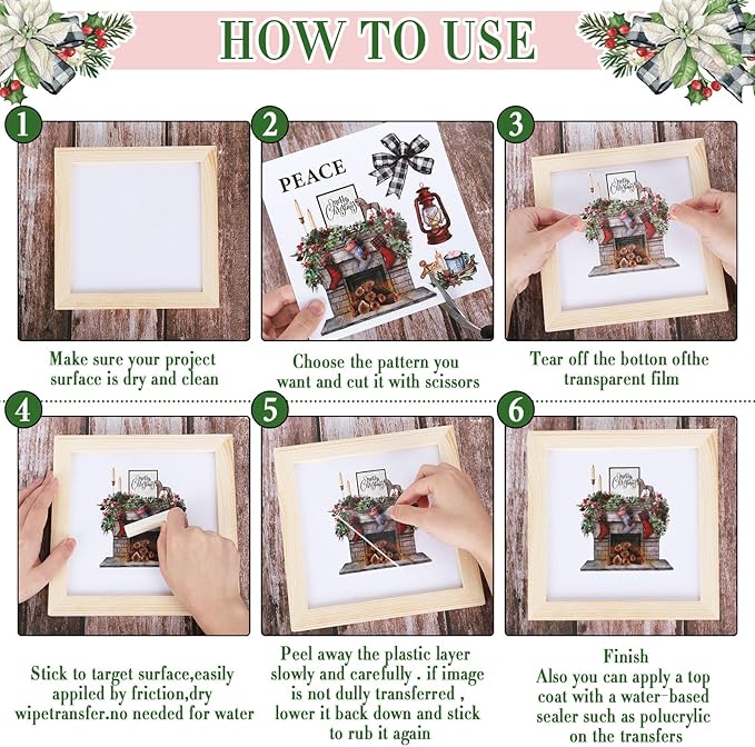 Transfers Classic Watercolor Santa Snowman Gnome Transfer Stickers Winter Floral Bird Furniture Decals for Home Office Paper Wood DIY Crafts, 5.9 x 5.9 Inch