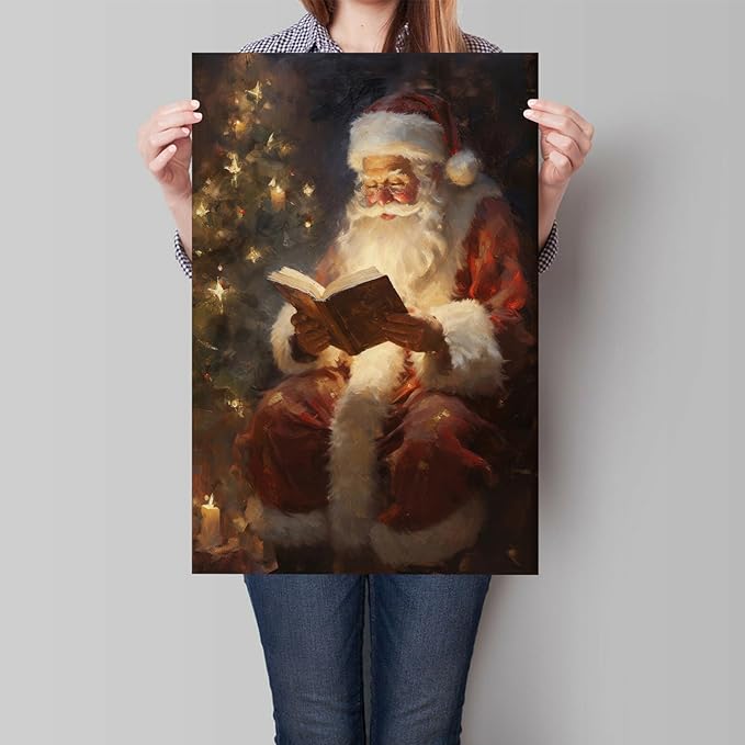 Wodkodnxy Vintage Christmas Canvas Wall Art, Santa Claus Reading Booking Pictures for Wall Decor, Merry Christmas Poster Hobby Lobby Santa Picture, Xmas Wall Decorations Gifts 16x24in Unframed