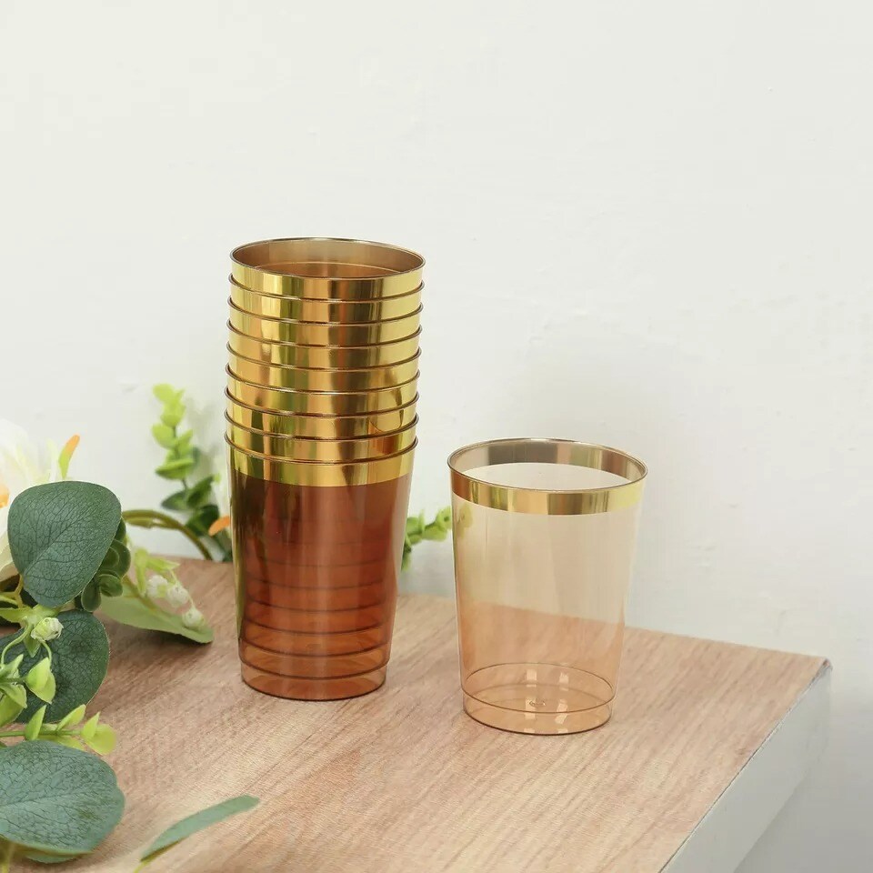 25 Crystal Amber Gold Gold 10 oz Plastic Cups Gold Rim Party Events Decorations