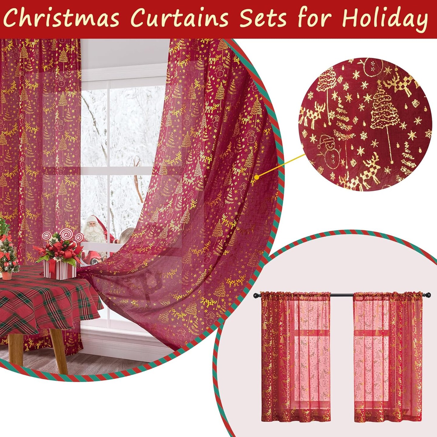 Christmas Kitchen Curtains 36 Inch Length Sets of 2,Christmas Bathroom Curtains Window,Cafe Curtains for Xmas Decorations Holiday Decor,Red