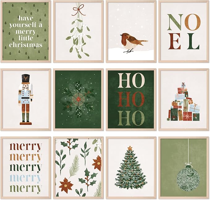 12Pcs Christmas Boho Wall Art Prints Minimalist Watercolor Xmas Art Poster Aesthetic Christmas Posters Room Decor for Xmas Tree Winter Gallery Living Room Bathroom Wall (UNFRAMED, 8x10in)