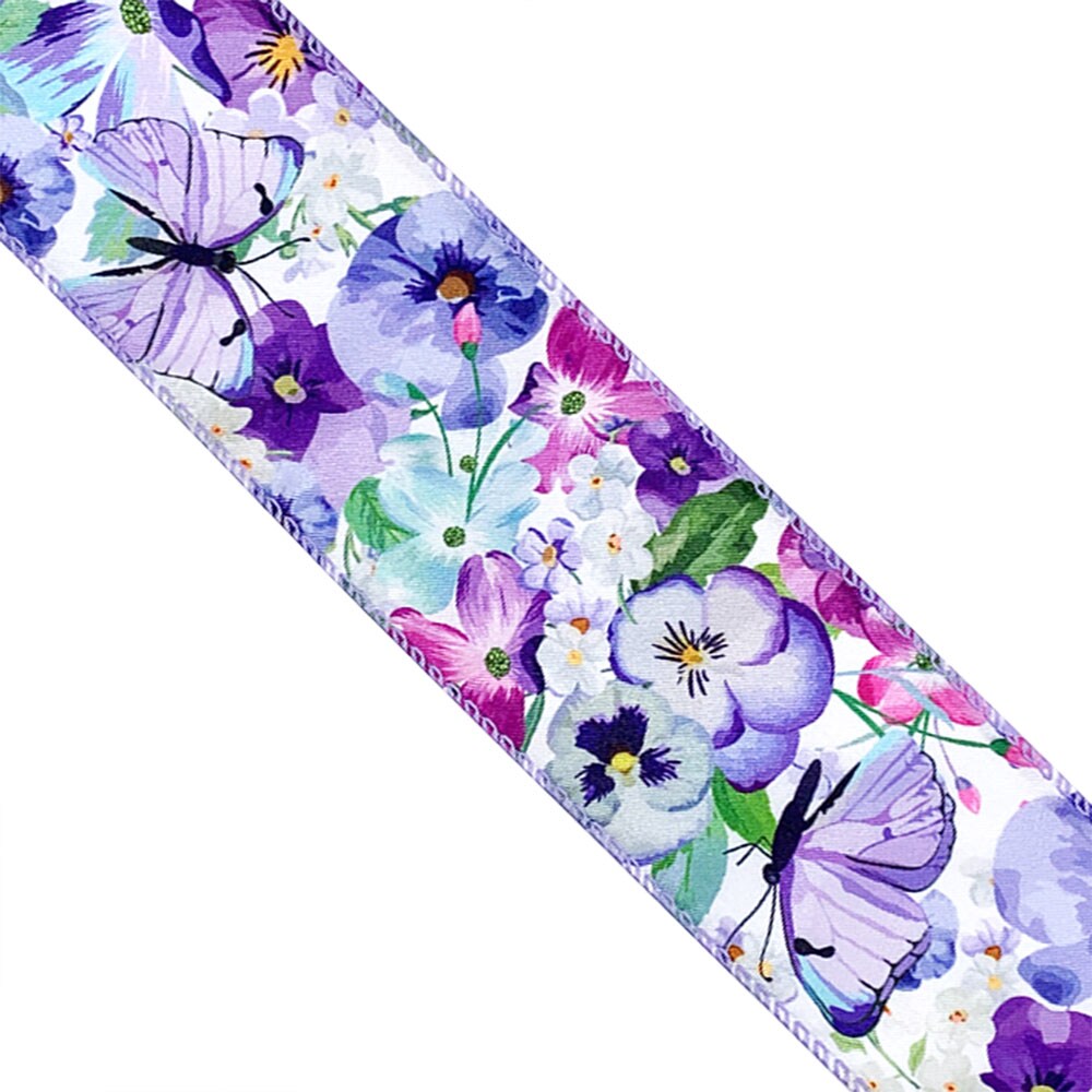 Designer&#x27;s Shop WR 63-5198 Spring Summer Lilac Purple butterfly and small Floral on white wired edge ribbons , 2.5&#x201D; x 10 yard