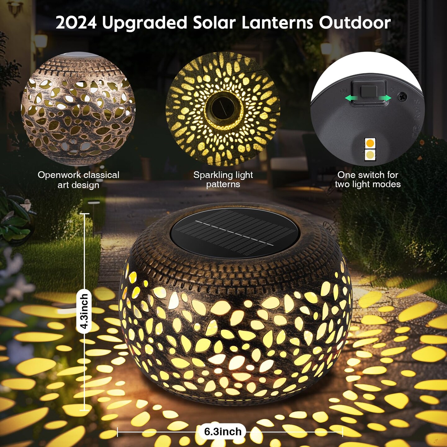 Solar Lanterns Waterproof Outdoor Decor: 2 Pack Hollow Out Retro Metal Solar Lights, Unique Gardening Gifts for Women Mom, Outside Garden Yard Porch Lawn Indoor Tabletop Decorations, 2 Lighting Colors