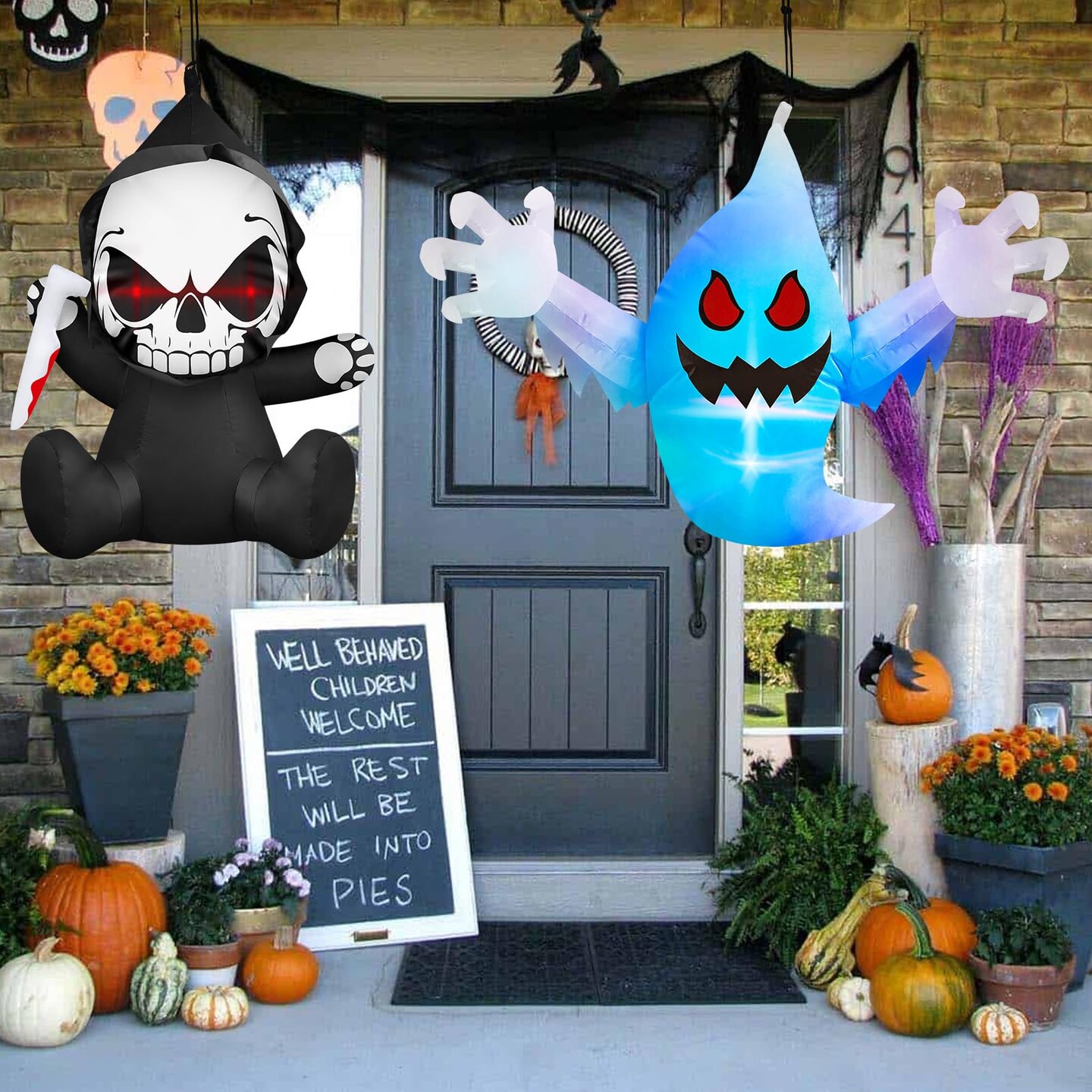 3.5 FT Halloween Inflatables Wearable Grim Reaper Outdoor Decoration with Red Eyes Holding Knife Halloween Blow Up Decorations Built-in LEDs Coming Out of Window Garden Indoor Roof Car