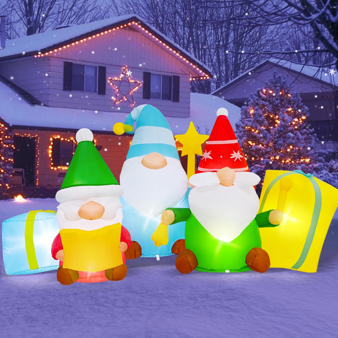 6 FT Long Christmas Inflatables 3 Gnomes Reading The Bible and Ringing The Bell Outdoor Decorations, Build in LEDs Inflatable Christmas Gnome Blow Up Yard D&#xE9;cor Holiday Xmas Indoor Patio Lawn