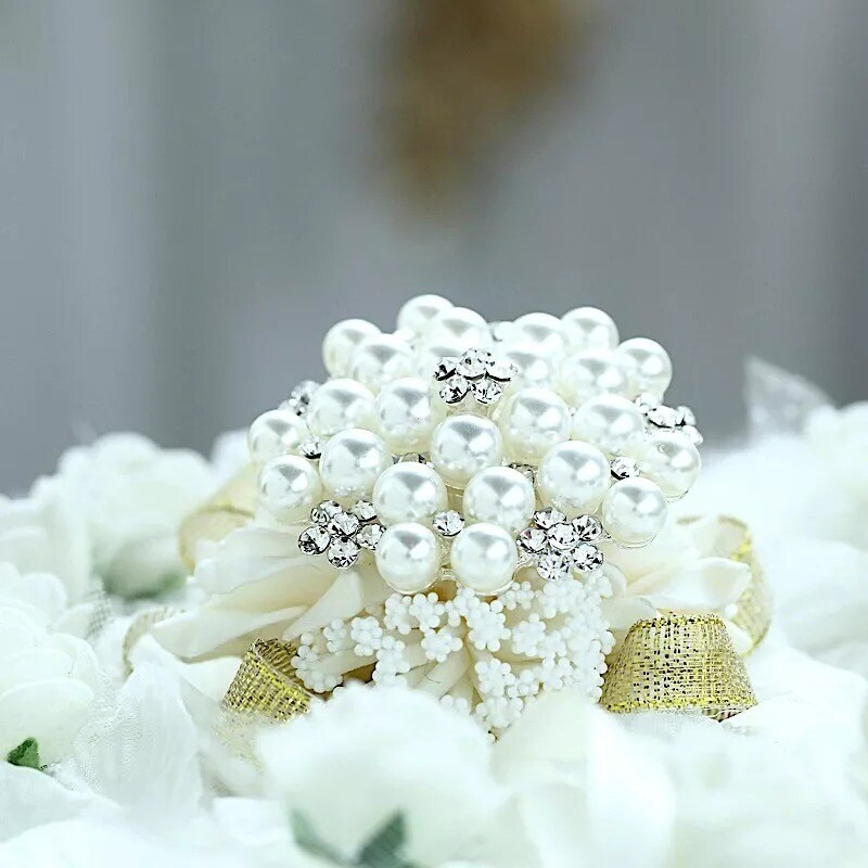 10 pcs Ivory White Metal Brooches Pins Flowers Pearls Rhinestones Decorations