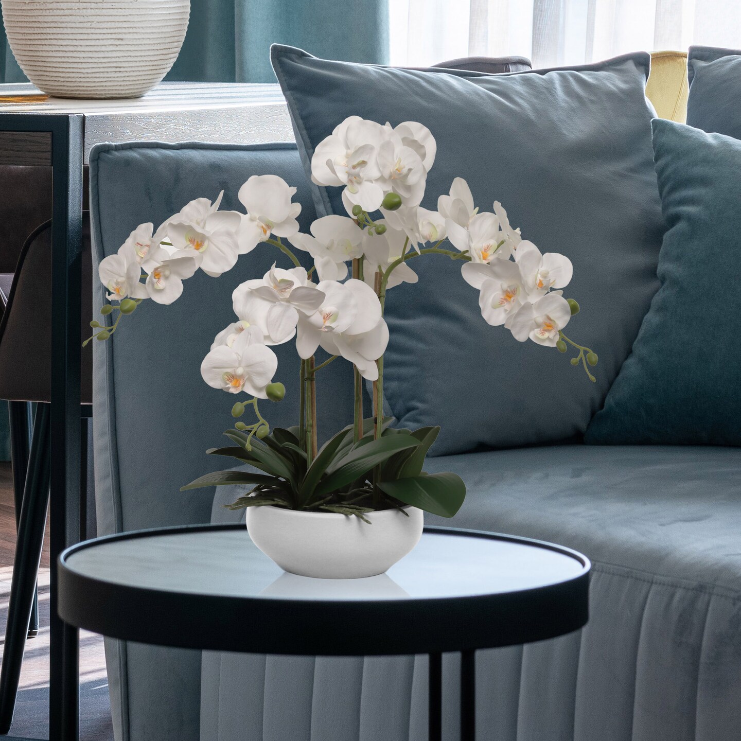 20" White Phalaenopsis Orchid Flowers in 8" Round White Pot - Elegant Artificial Orchid Plant for Home, Office, or Event Decor - Floral Home by Artificial Flowers