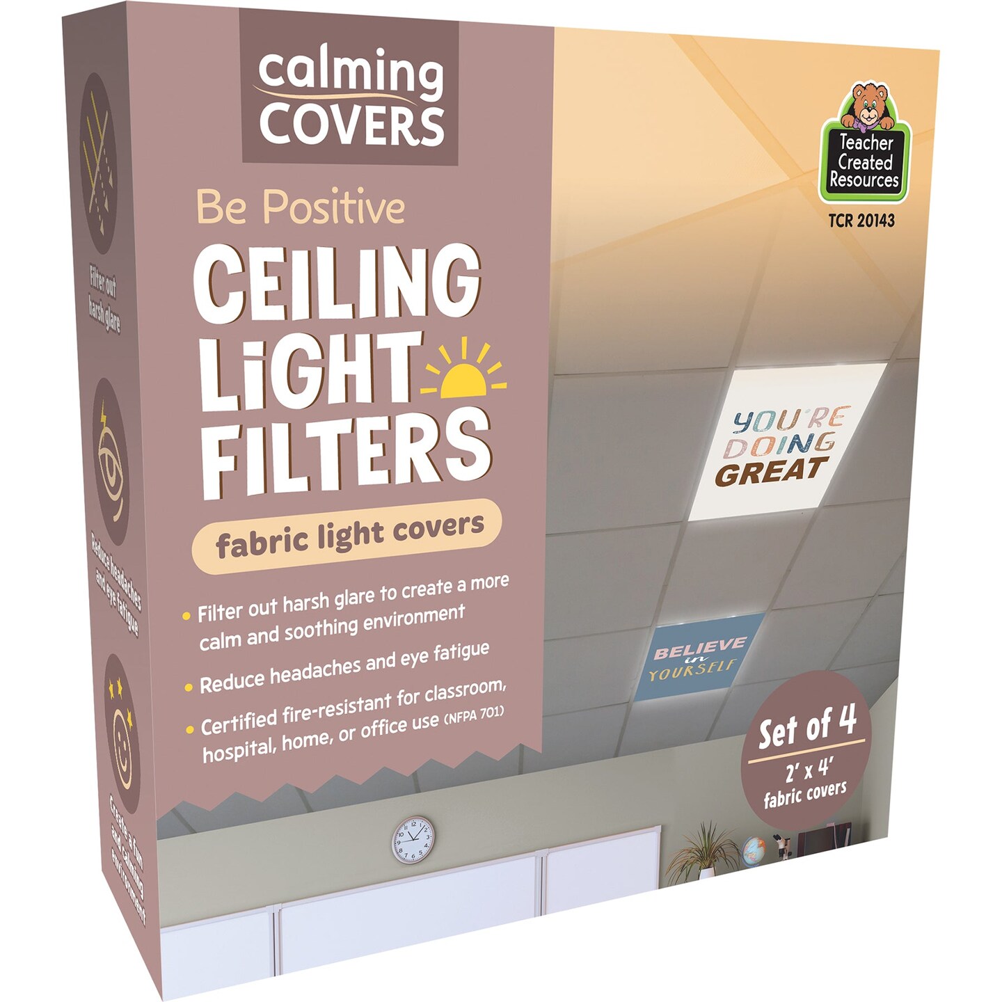 Calming Covers Ceiling Light Filters, 2&#x27; x 4&#x27;, Be Positive, Pack of 4