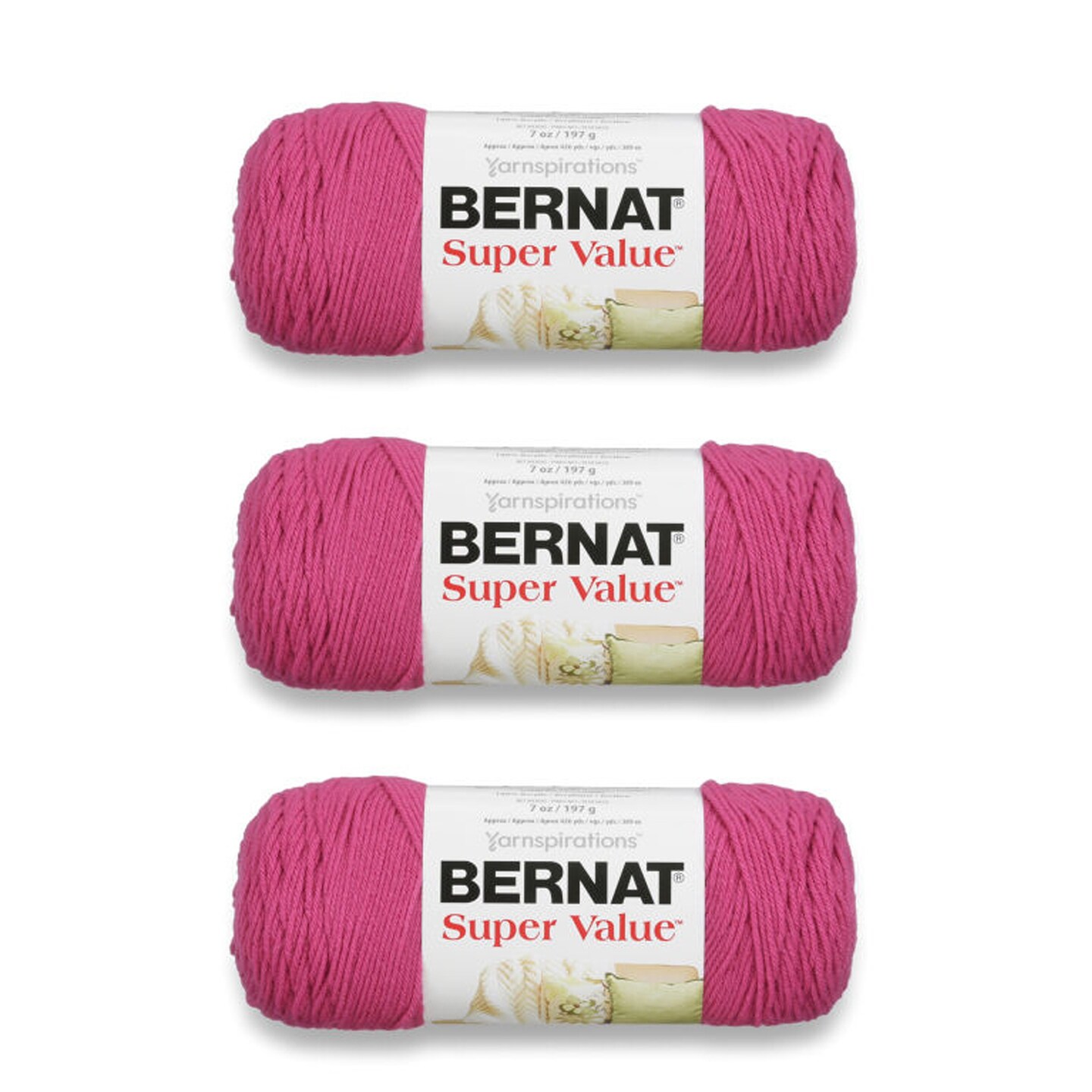 Bernat Super Value Magenta Yarn - 3 Pack of 198g/7oz - Acrylic - 4 Medium (Worsted) - 426 Yards - Knitting/Crochet