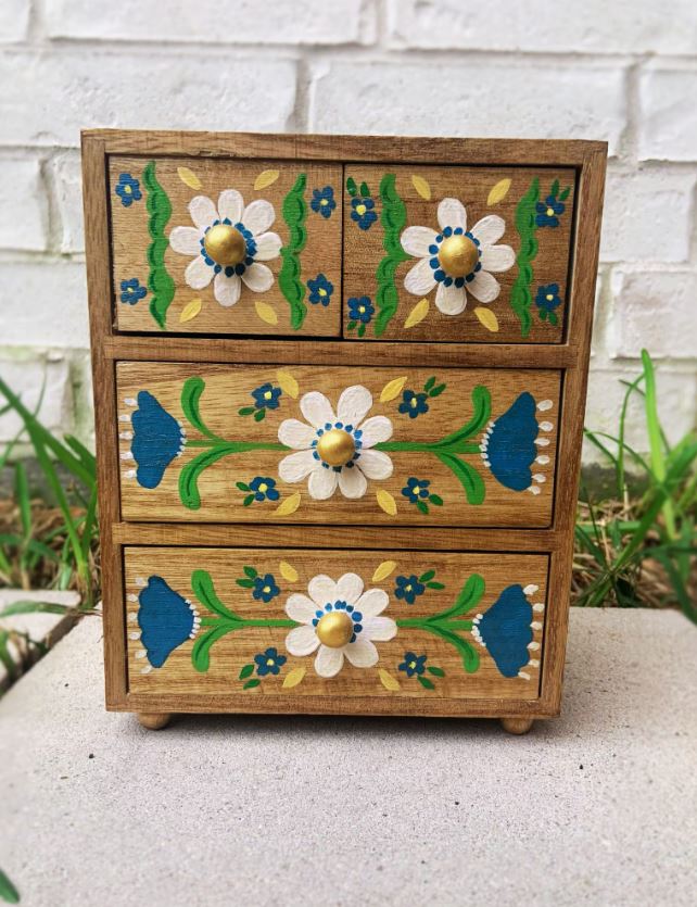 Blue and green acrylic pour decorated wooden box top