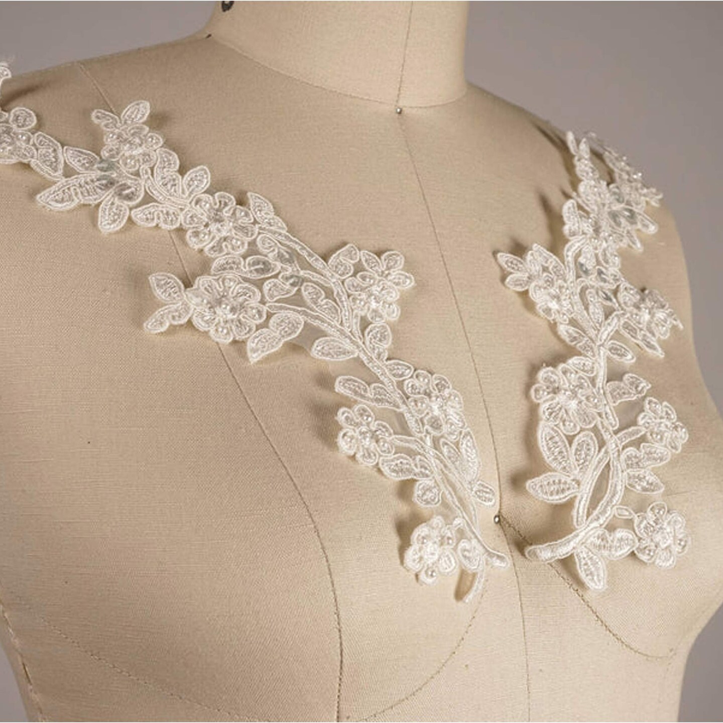 Ivory Beaded Bridal Appliques 10" Sequin Lace Pair for Wedding Gowns, Veils & Dresses