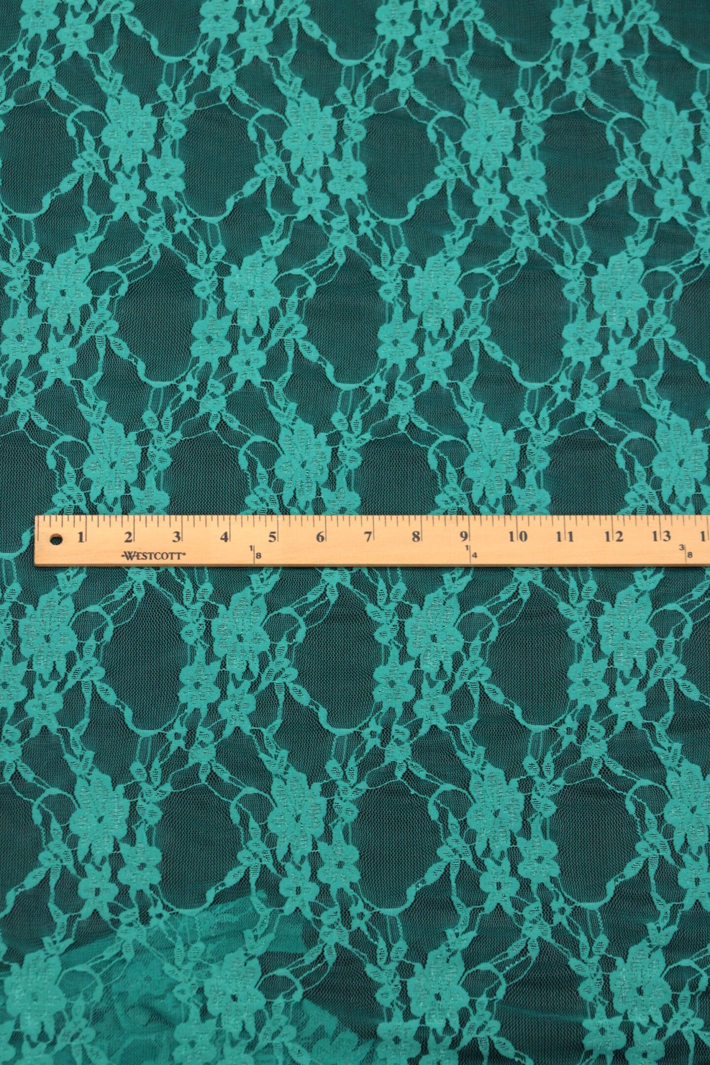 1 Yard Jade Green Floral Stretch Lace Fabric 4-Way Sheer Shimmery Vintage Look 58/60&#x2033; Wide