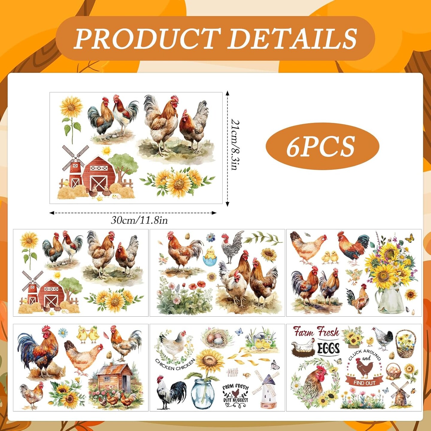 6 Sheets Farm Rub on Transfer Stickers for Furniture (Chicken) 11.8x7.9 Inch