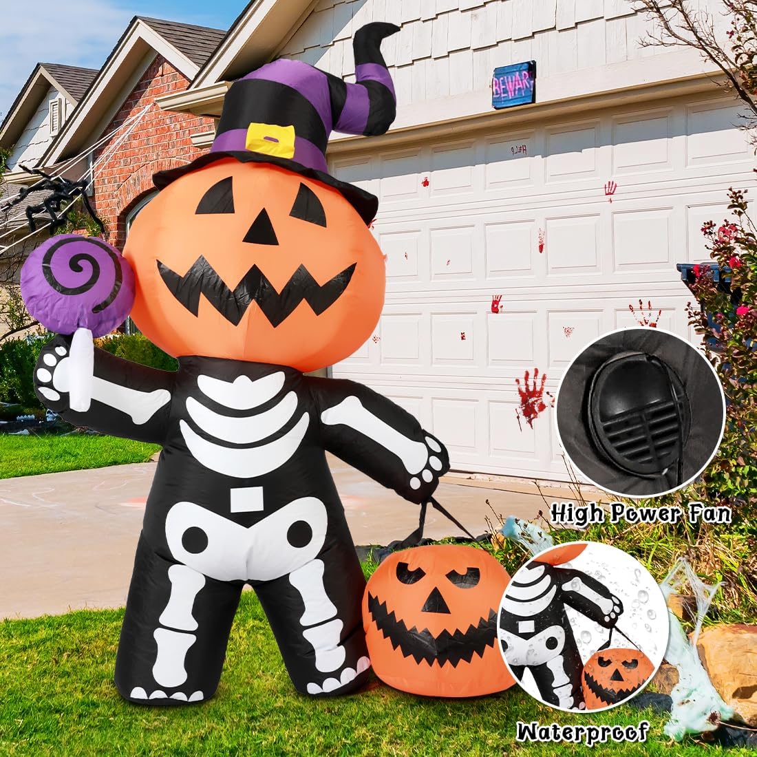 GOOSH 6 FT Halloween Inflatable Pumpkin Skull Body Blow Up Yard Pumpkin with Built-in LEDs