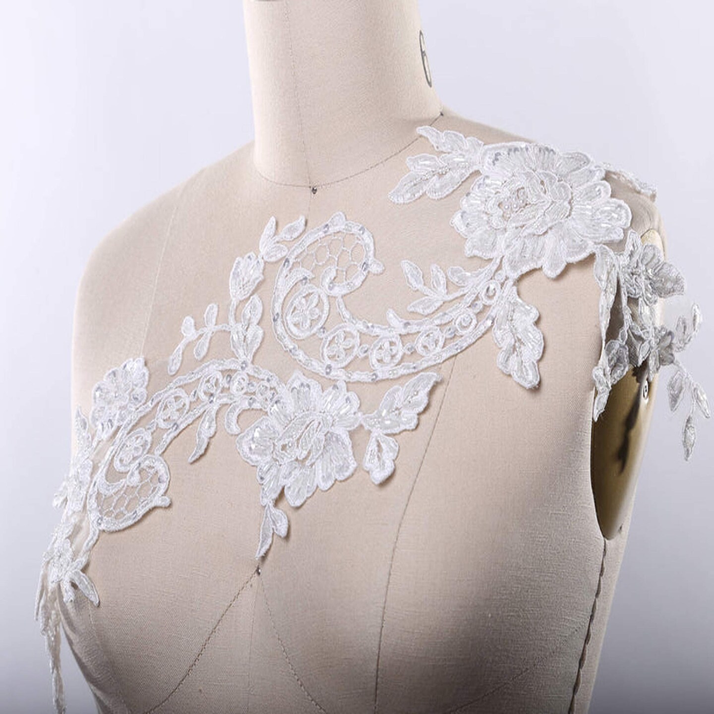 2 Pieces 21" Length White Beaded Lace Applique Pair Extra Long Floral Design