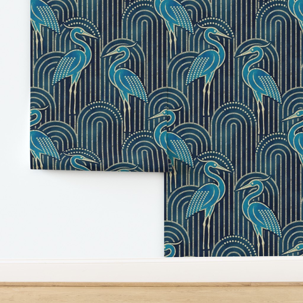 Teal Crane Bold Large Scale Art Deco Blue Birds Modern Watercolor Arches Custom Removable Wallpaper by Spoonflower Peel & Stick Wallpaper 2FT Wide