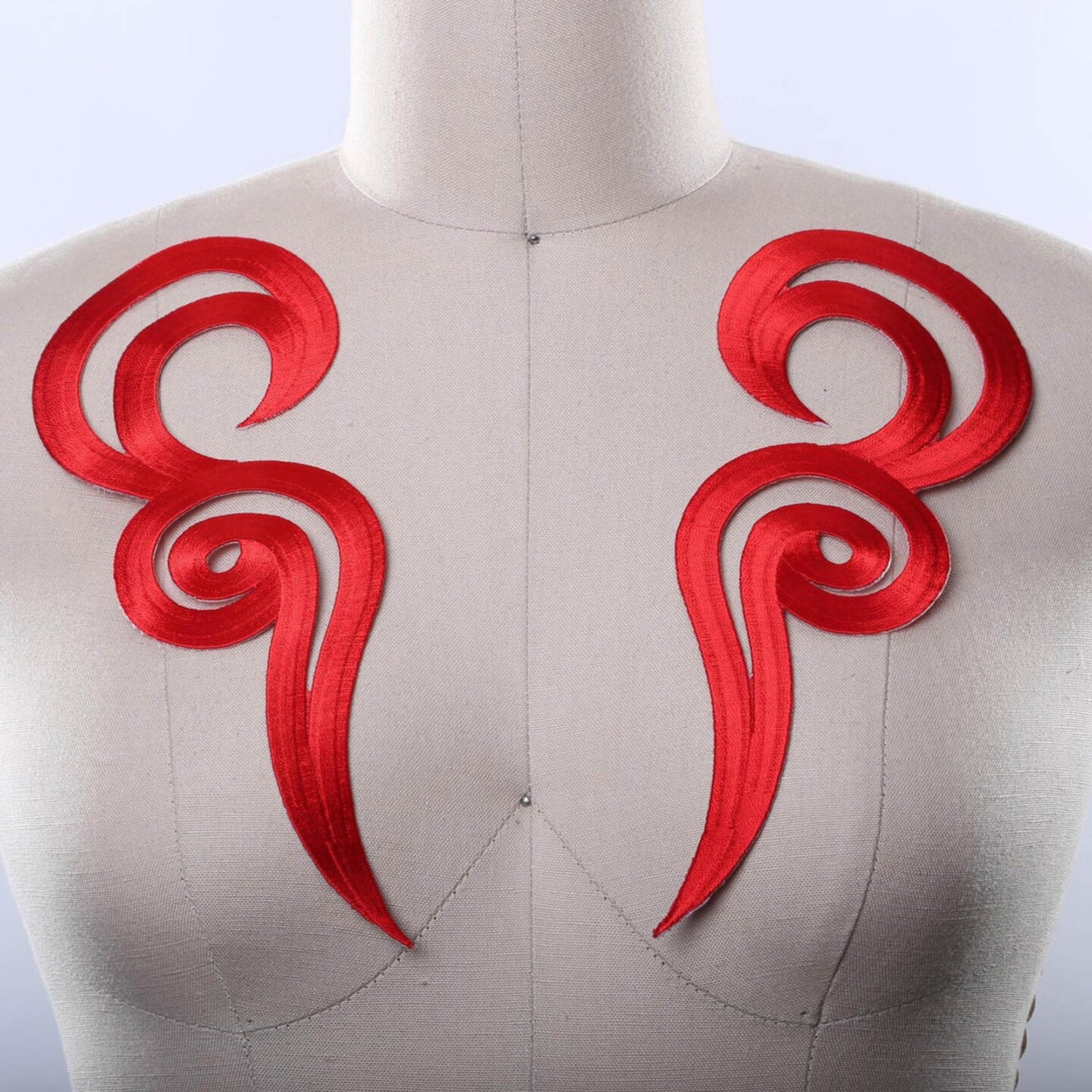 Red Iron On Applique Patches 2 Pieces for Necklines Gowns and Dance Outfits