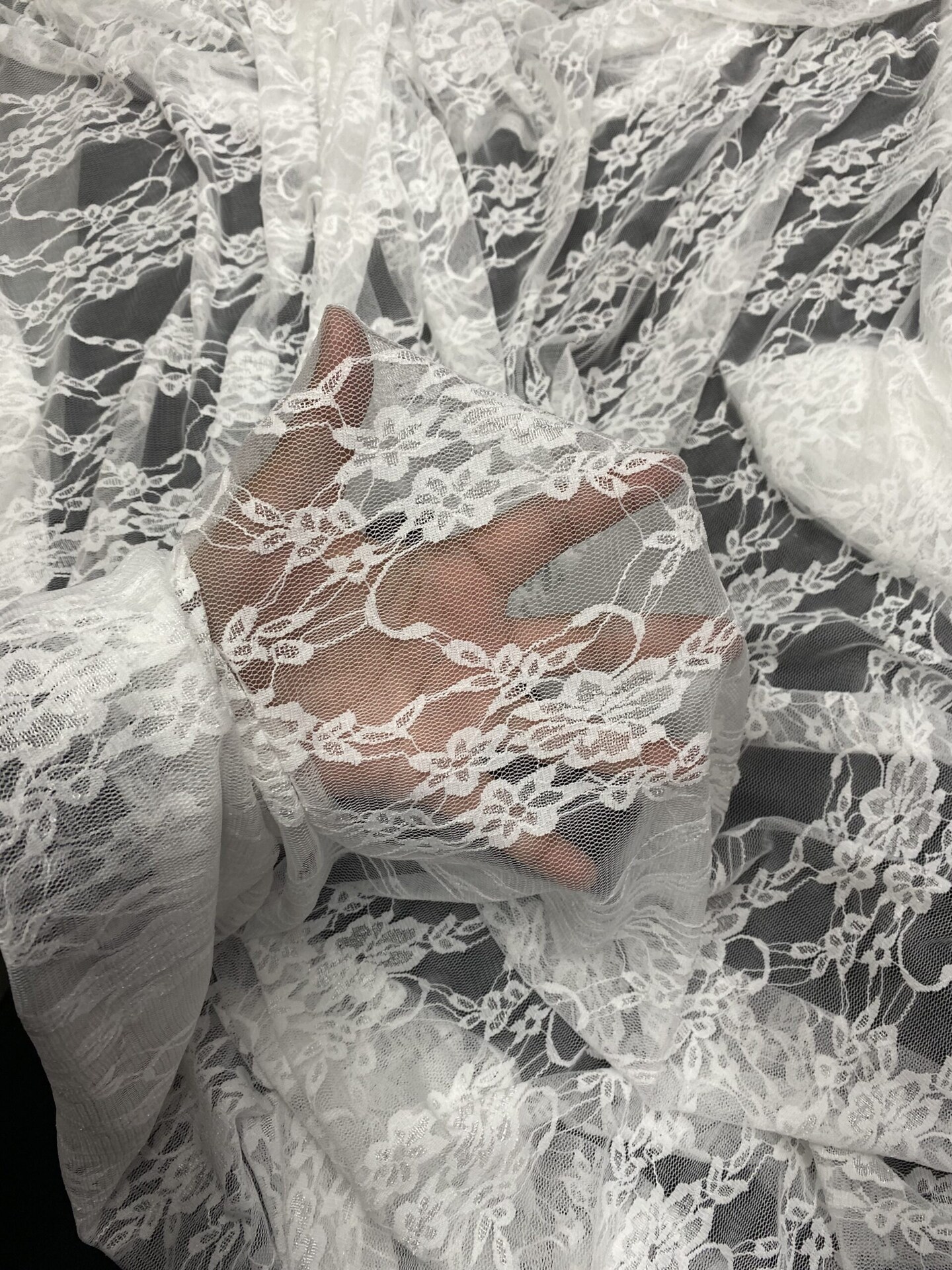 1 Yard White Stretch Lace Fabric Floral Sheer Shimmery Nylon Spandex 58/60″ Wide