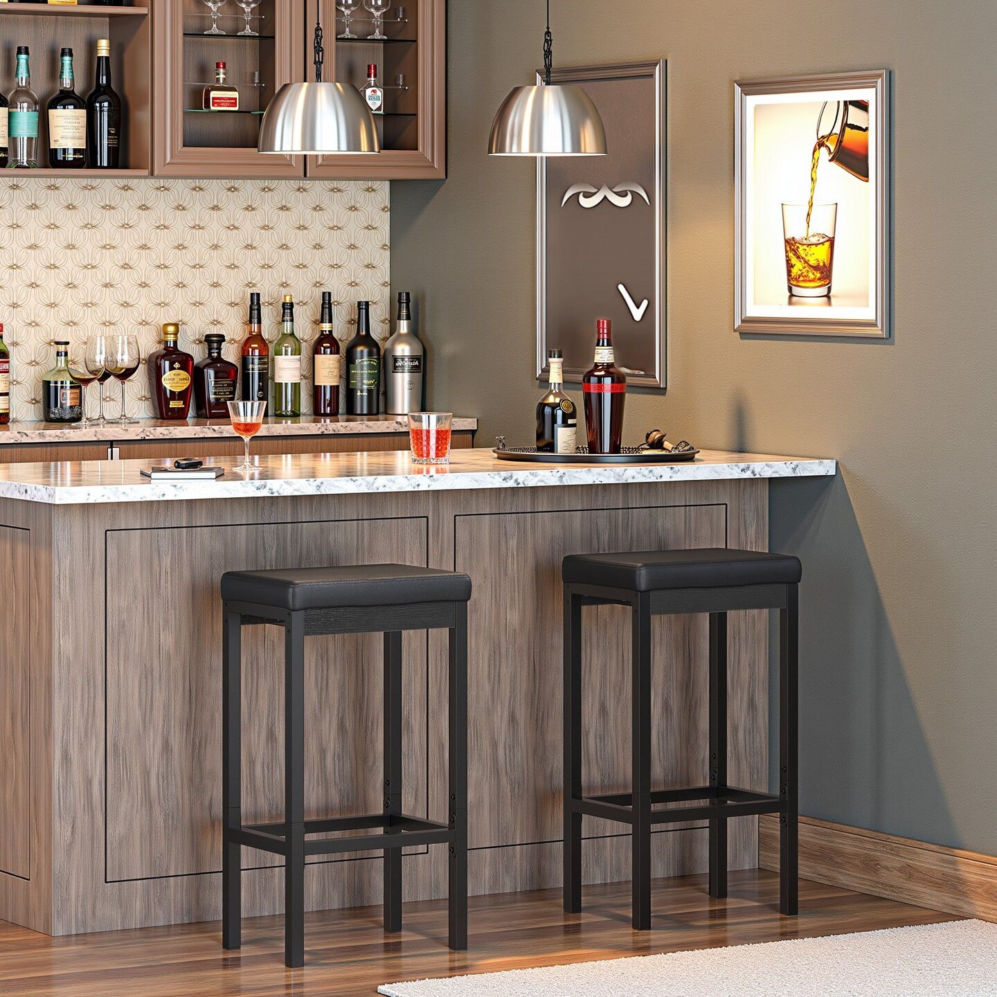 Modern Bar Chairs Set of 2, PU Seat with Footrest, Kitchen Stools