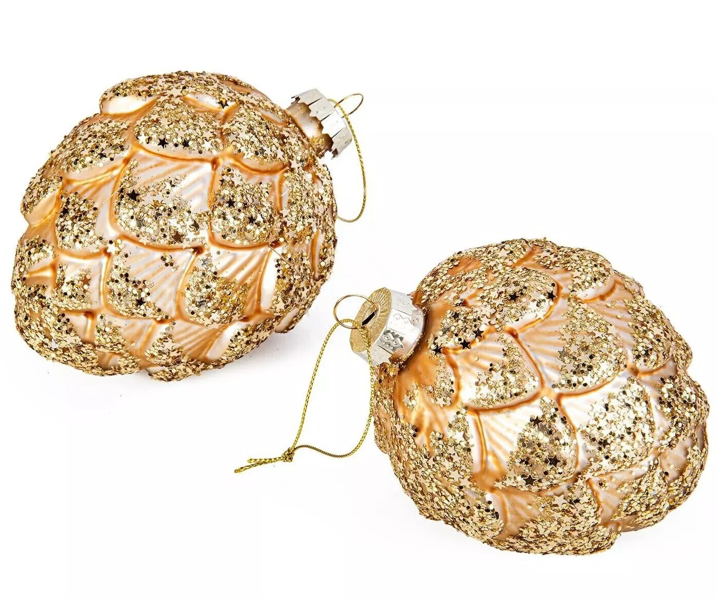 SET OF 2 Gold Pinecones Ornaments, Glass Ornaments, Christmas Pine Cones 4"