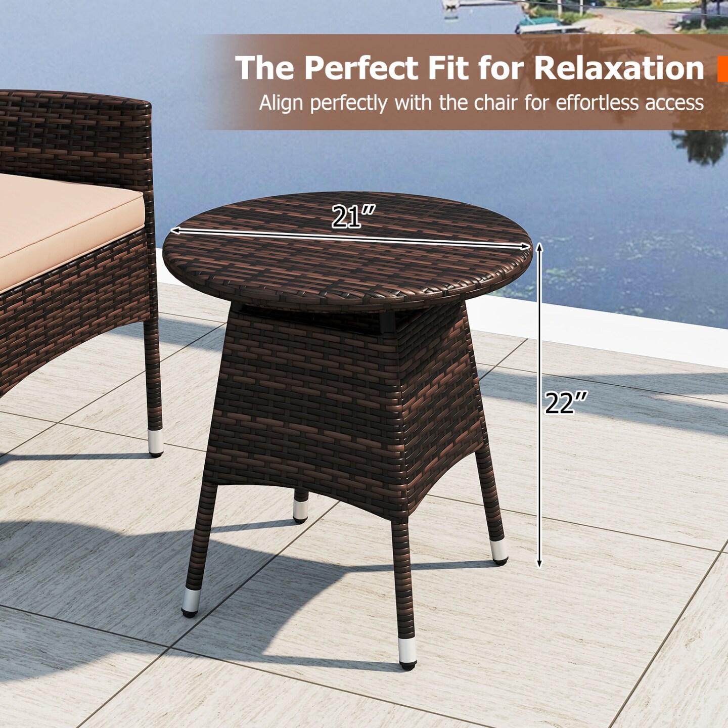 3 Piece Patio Bistro Set Outdoor Rattan Furniture Set with 2 Chairs Cushions and Round Coffee Table for Balcony Porch Garden