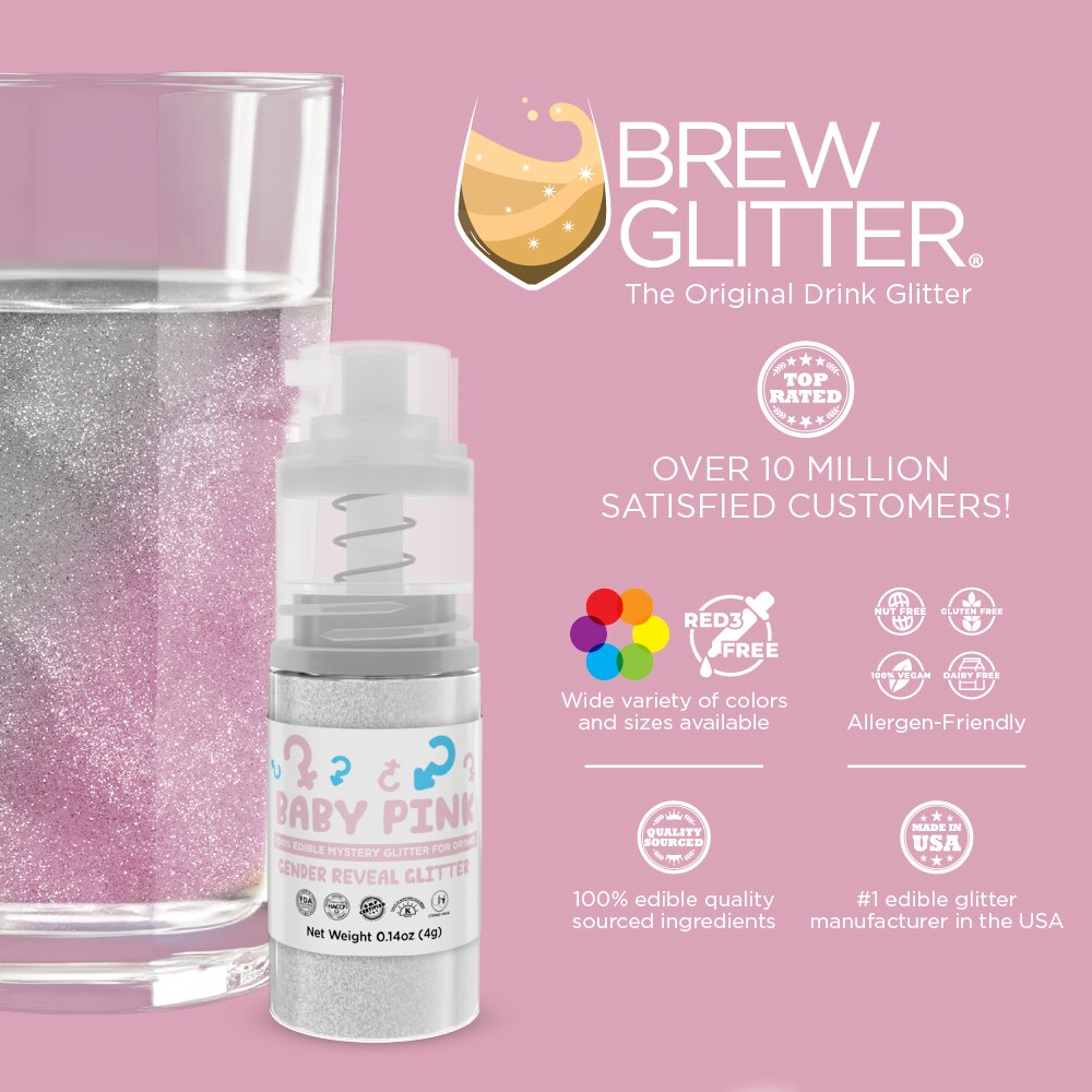 Brew Glitter - Baby Pink Color Changing Gender Reveal Edible Glitter (25g, x1 Spray Pump) for Beer, Cocktails and Beverages