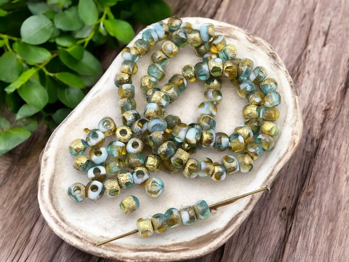 *25* 5mm Gold AB Etched Blended Topaz Aqua + White Trica Beads