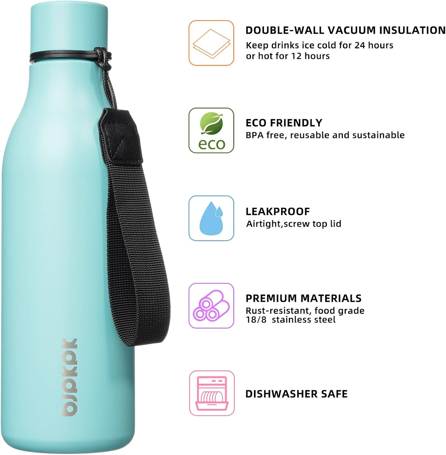 Stainless Steel Metal Water Bottle with Strap - Turquoise