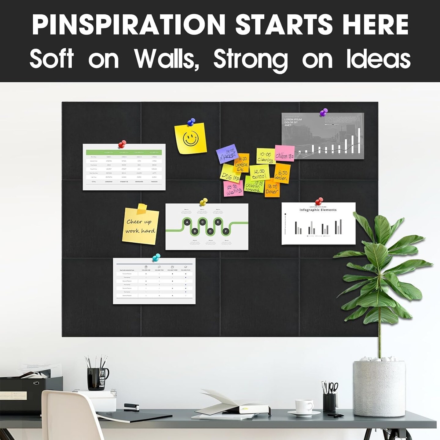 47"x35" 12 Pack Felt Bulletin Board Pin Board with 48 Safe Removable,60 Push Pins (Black)