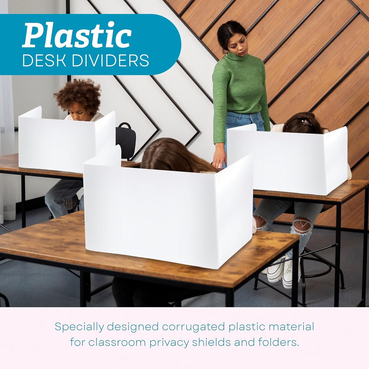 4E's Novelty Plastic Desk Dividers for Students 20 Pack, Bulk White Desk Privacy Panel - Plastic Classroom Dividers, Testing Dividers for Classrooms, Easy-to-Clean Durable, with Labels