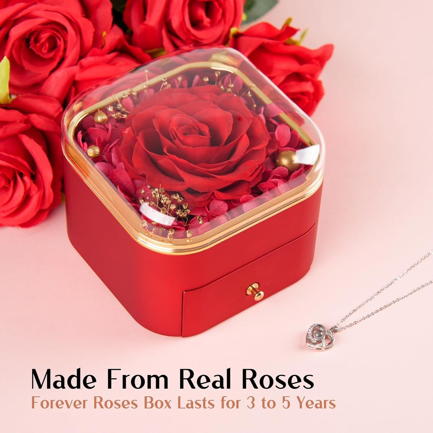 Preserved Red Real Rose with Necklace