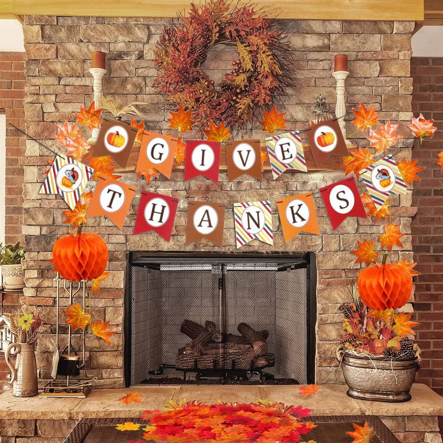 GIVE Thanks Hanging Banner Autumn Pumpkin Honeycomb Ball