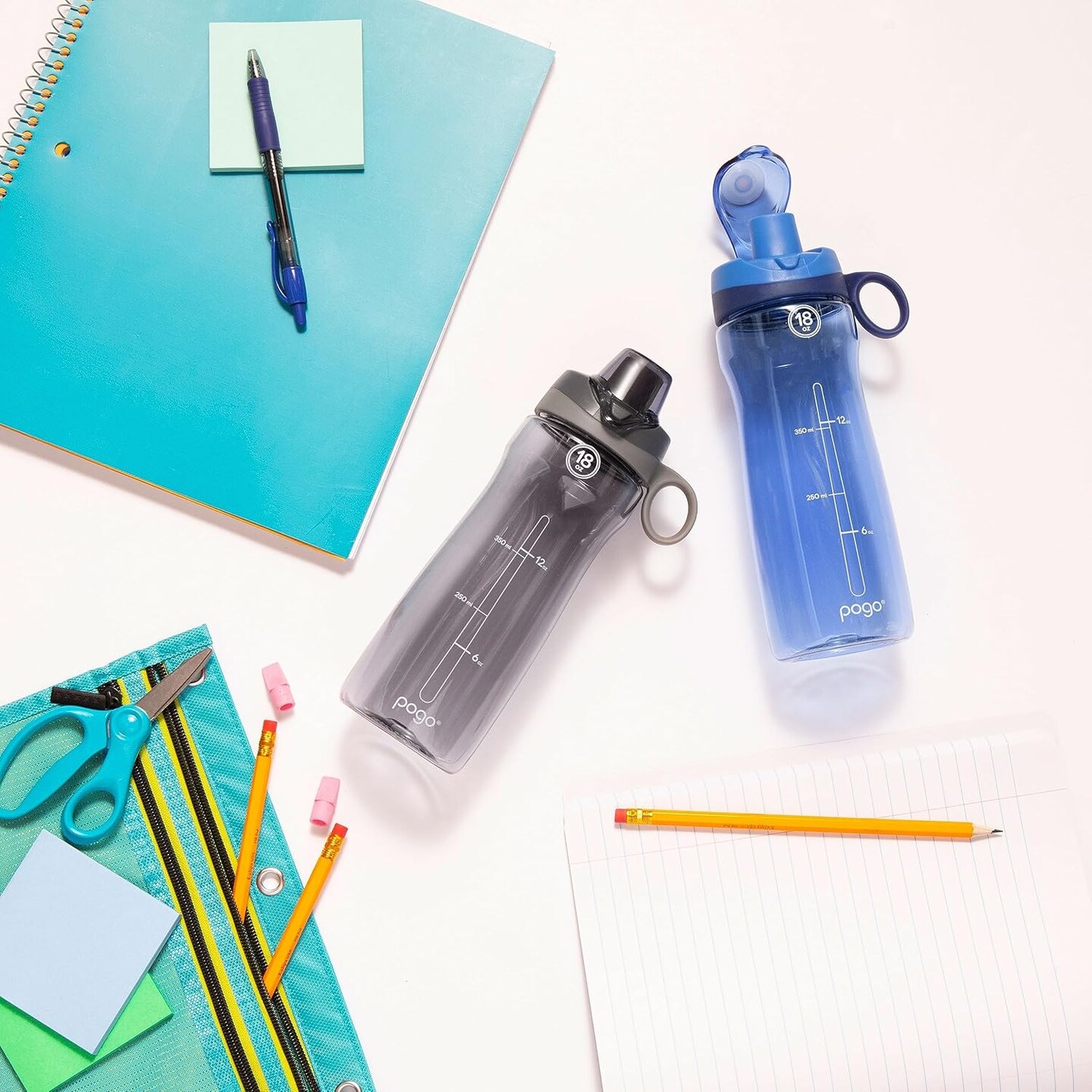 2-Pack Plastic Water Bottle with Carry Handle - Grey/Blue (18oz)