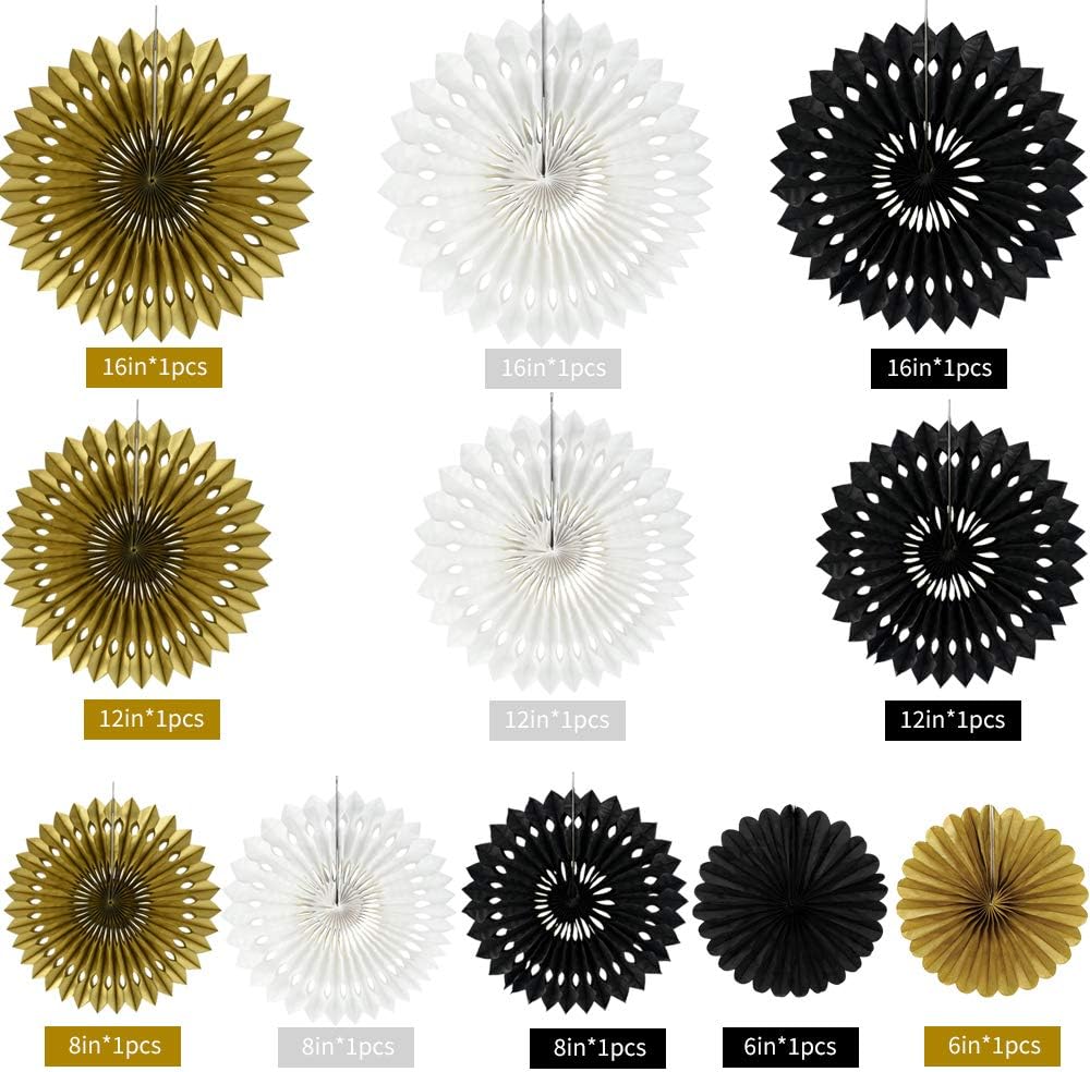 11packs - Black Gold White Hanging Honeycomb Round Paper Fans Decoration (Black Gold White)