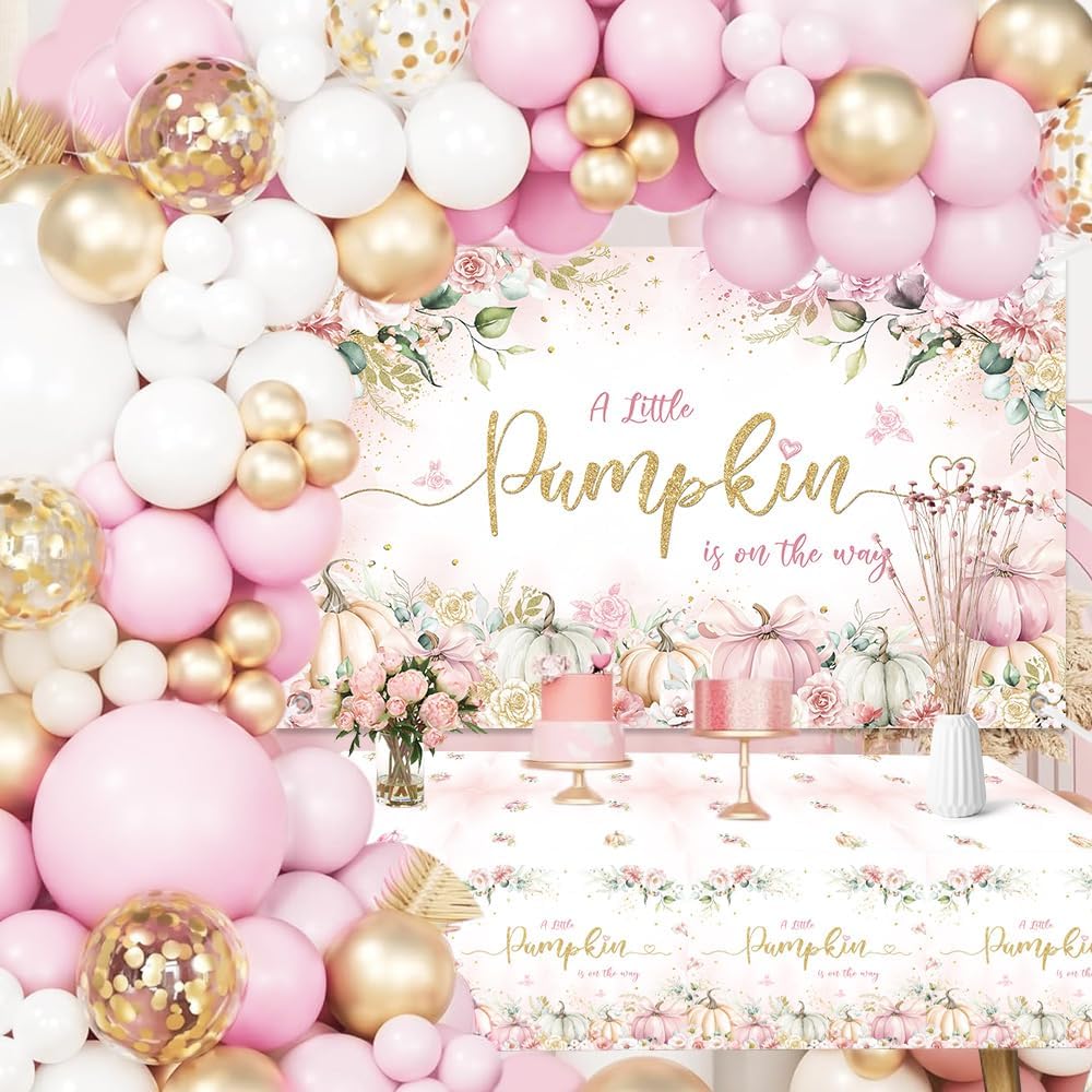 Fall Pumpkin Baby Shower Decorations-127Pcs with Baby Girl Shower Tablecloth