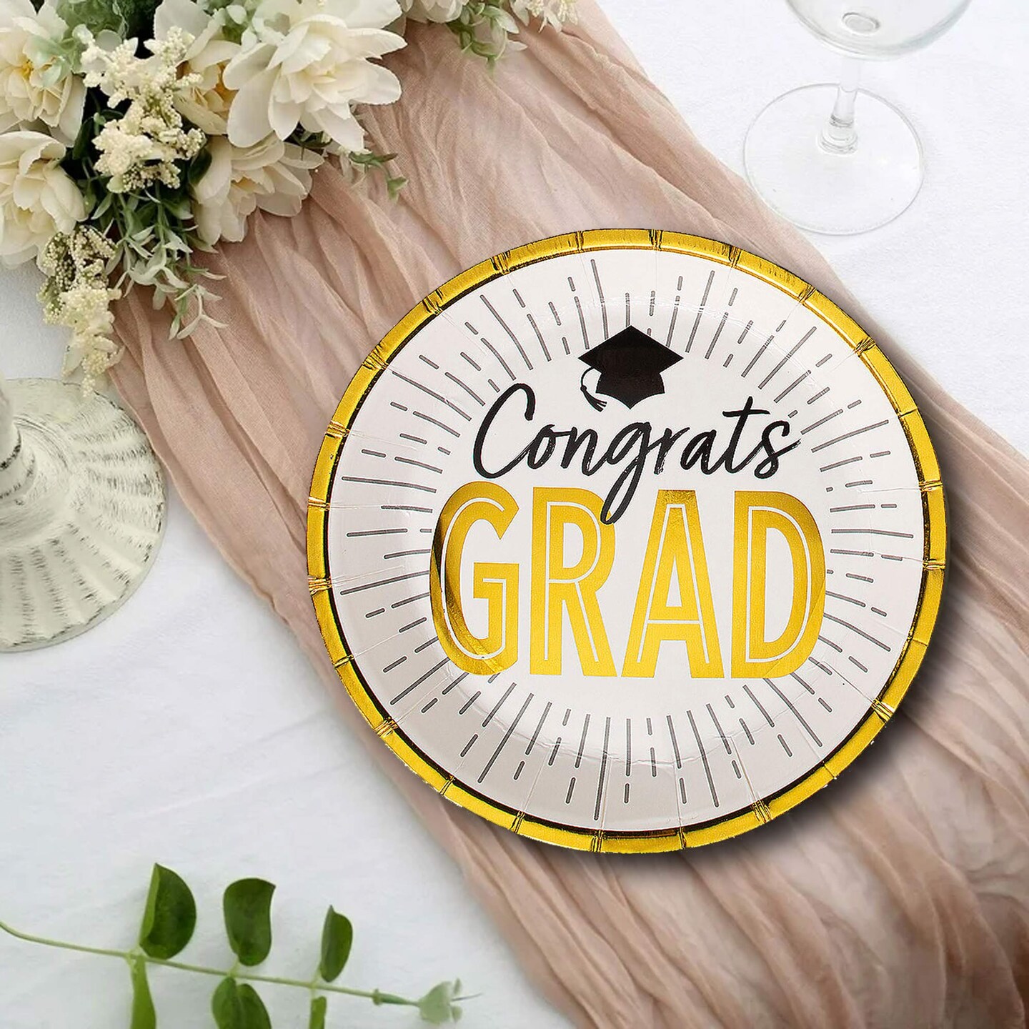 25 Count Black and Gold Graduation Party Congrats Grad Paper Dessert Plates 7 Inch