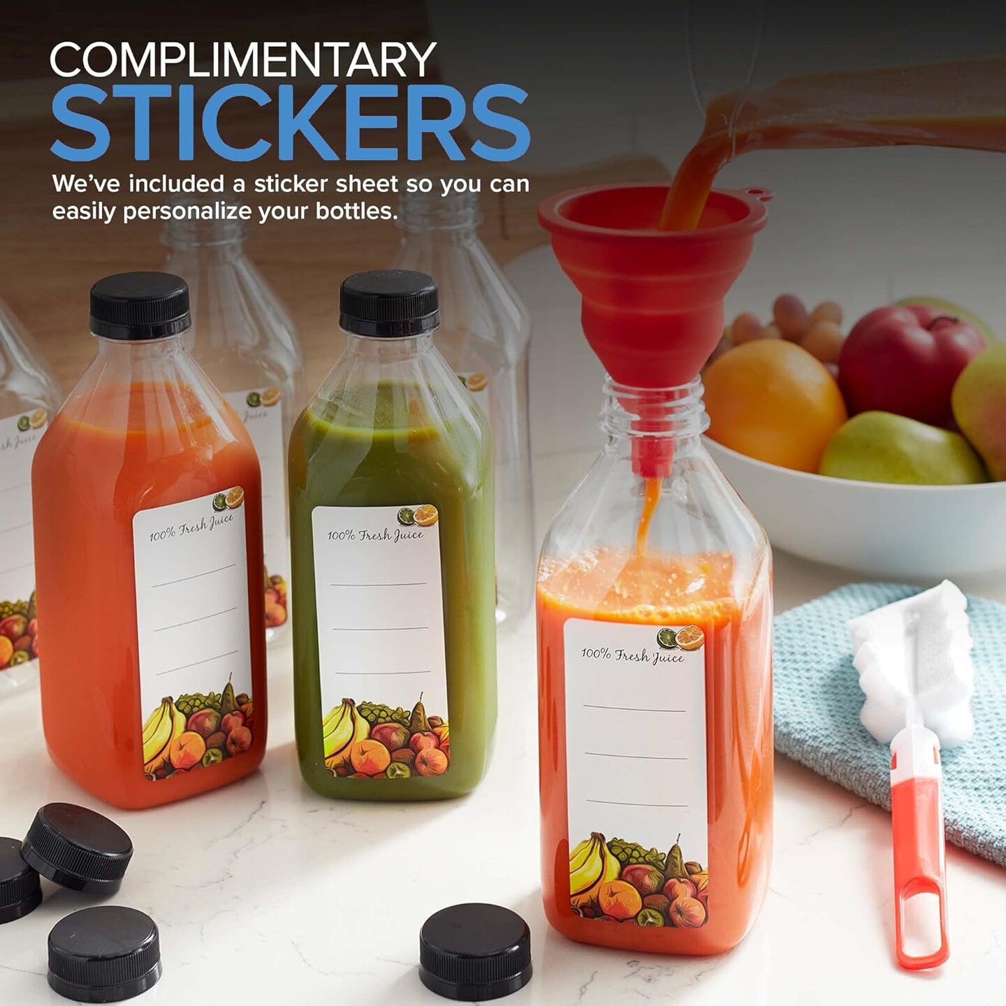 32 Oz Juice Bottles with Caps (6 Pack) - Reusable Clear Plastic Drink Containers