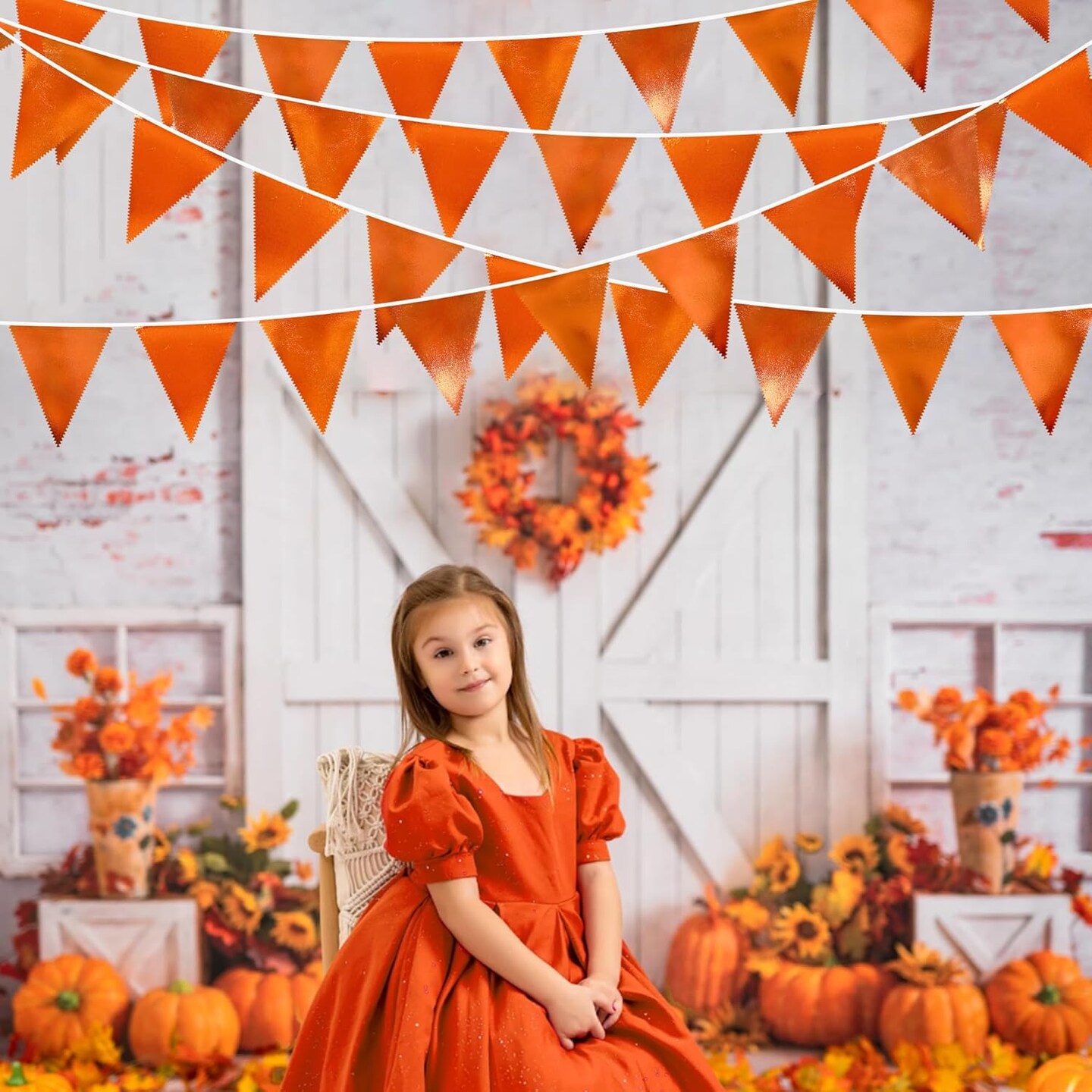 Orange Party Decorations Metallic Fabric Triangle Pennant Banner