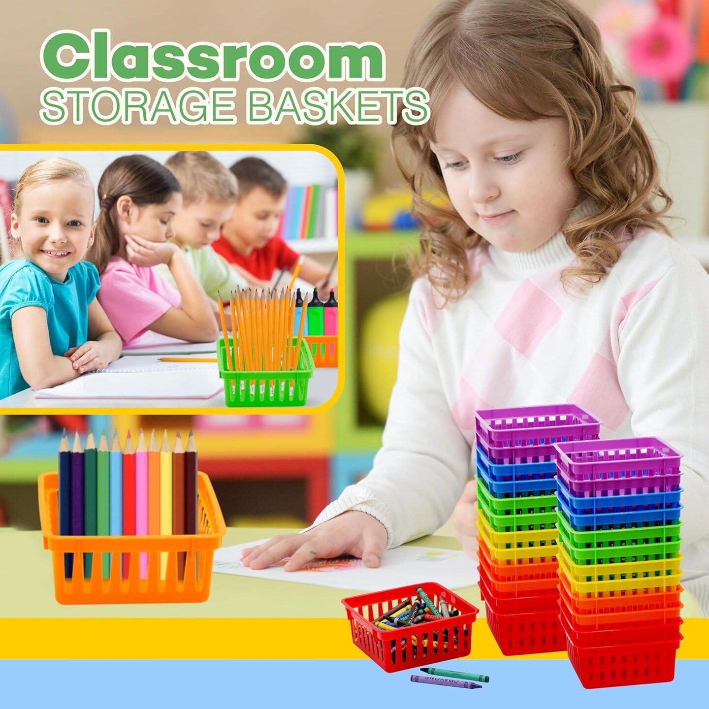 4E's Novelty 12 Pack Small Classroom Storage Baskets, Square 4.5" Sturdy Plastic Colorful Crayon & Pencil Container, Organizer Bins for Desk for Classrooms Supplies, Office, Toy Storage