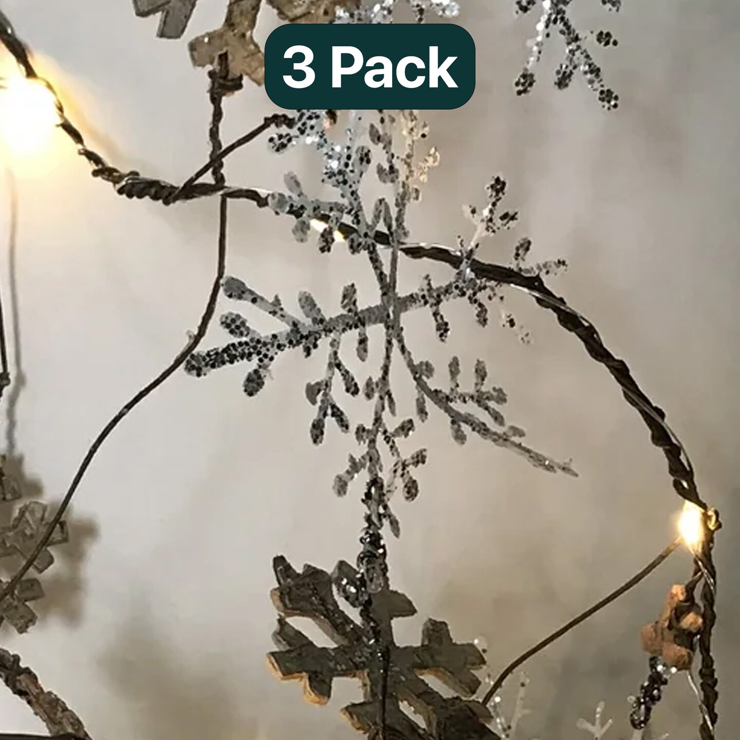 Glitter Snowflake Twine String Lights &#x2013; 7.5 ft Battery Operated Garland